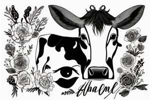 Beautiful female cow head with big glossy eye tattoo idea
