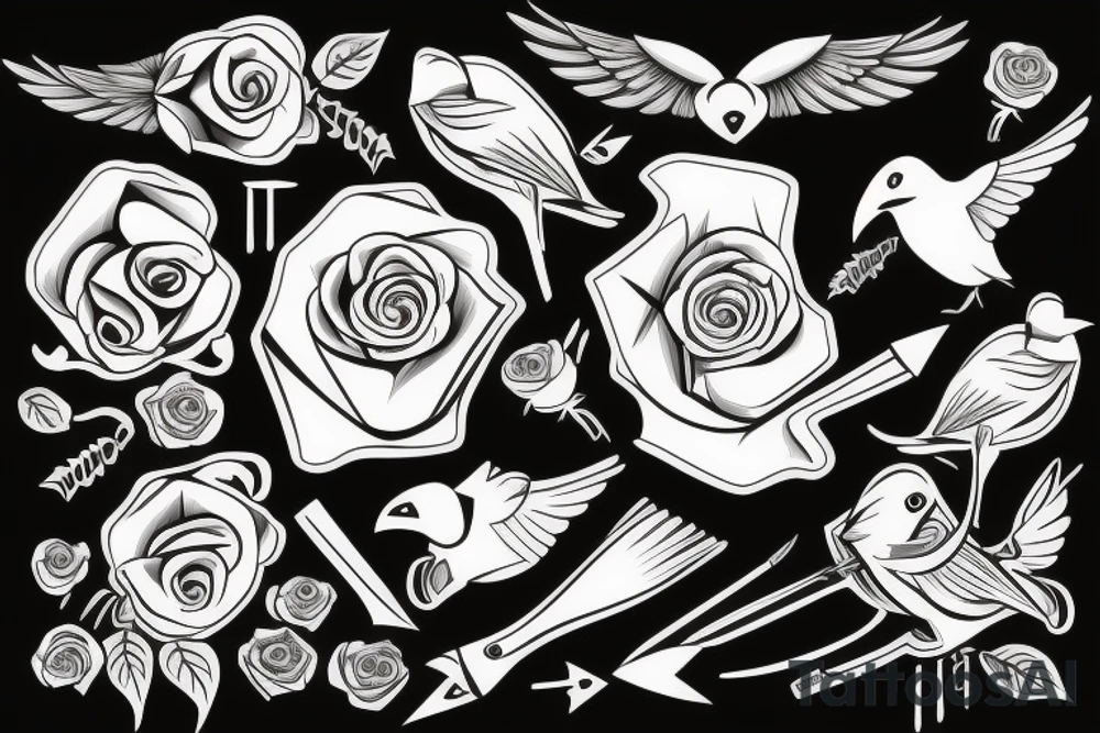 Black shotgun with an arrow and a rose in the beak tattoo idea
