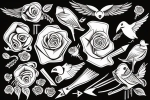 Black shotgun with an arrow and a rose in the beak tattoo idea
