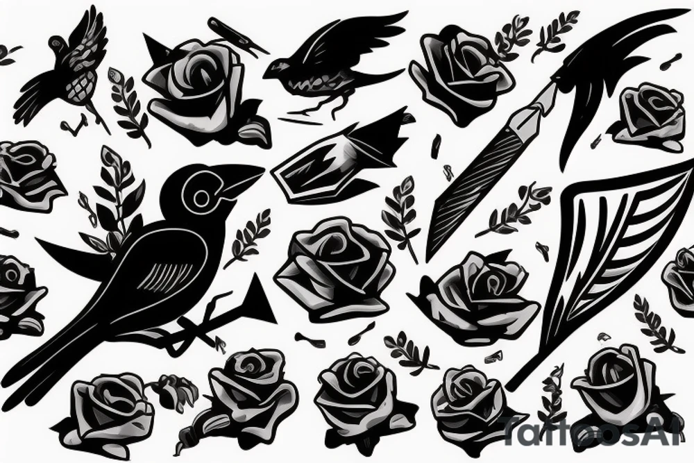 Black shotgun with an arrow and a rose in the beak tattoo idea