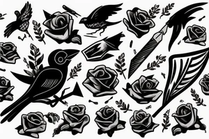 Black shotgun with an arrow and a rose in the beak tattoo idea