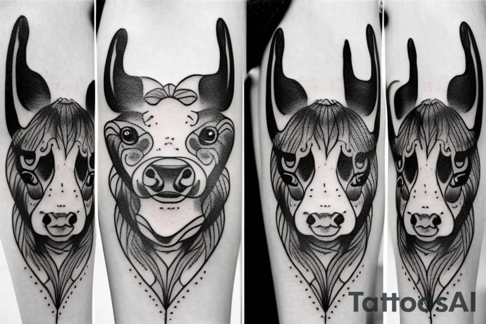 Beautiful female cow head with big glossy eyes tattoo idea