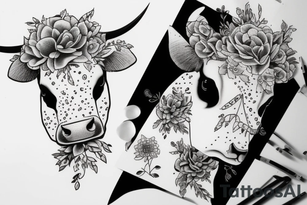 Beautiful female cow head with big glossy eyes tattoo idea