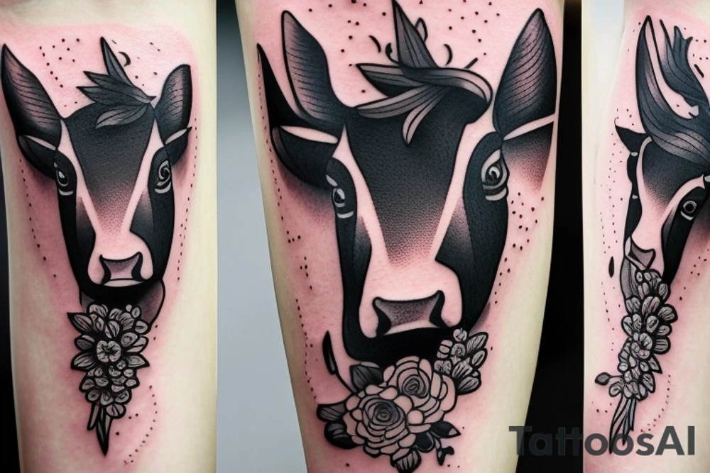 Beautiful female cow head with big glossy eyes tattoo idea