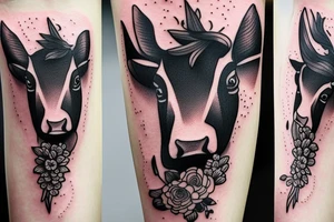 Beautiful female cow head with big glossy eyes tattoo idea