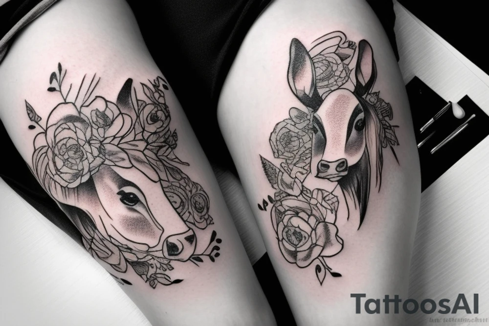Beautiful female cow head with big glossy eyes tattoo idea