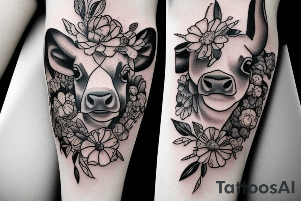 Beautiful female cow head with big glossy eyes tattoo idea