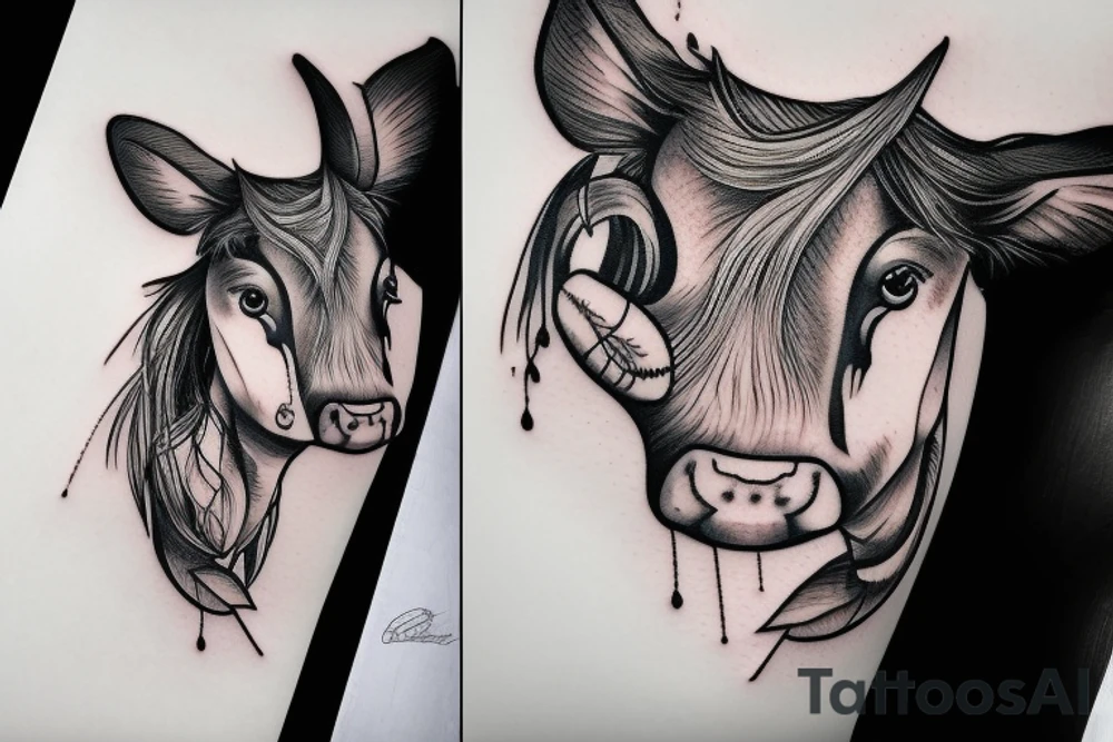 Beautiful female cow head with big glossy eyes tattoo idea