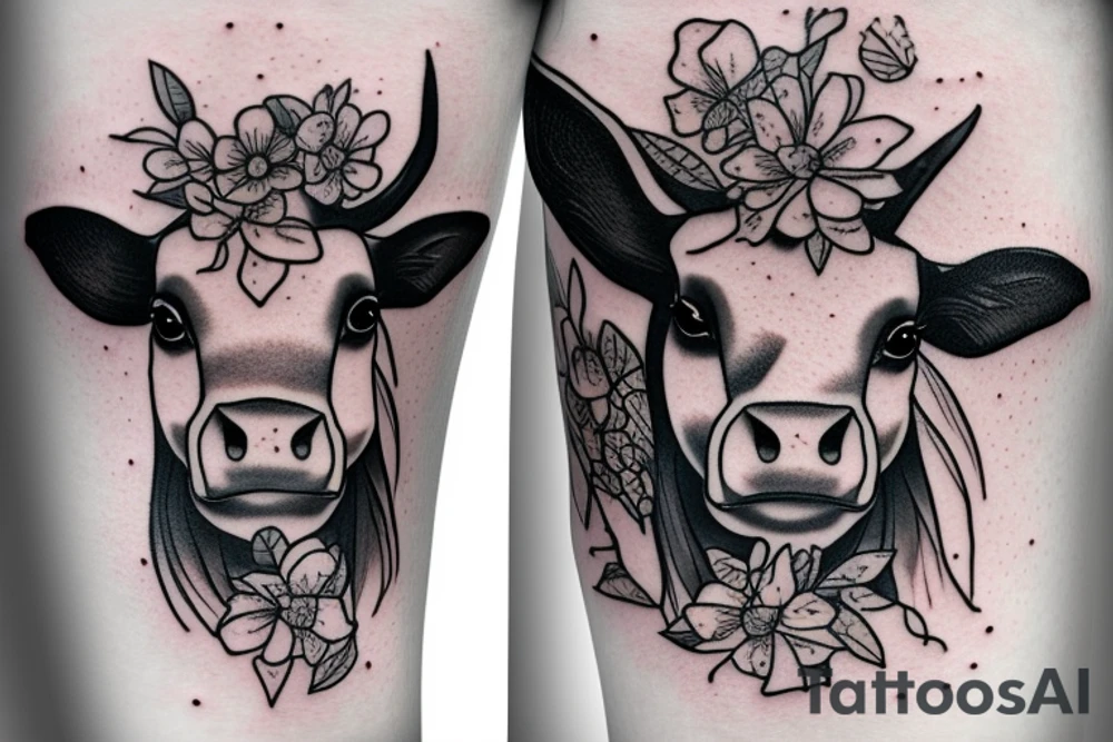 Beautiful female cow head with big glossy eyes tattoo idea