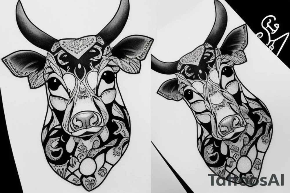 Beautiful female cow head with big glossy eyes tattoo idea