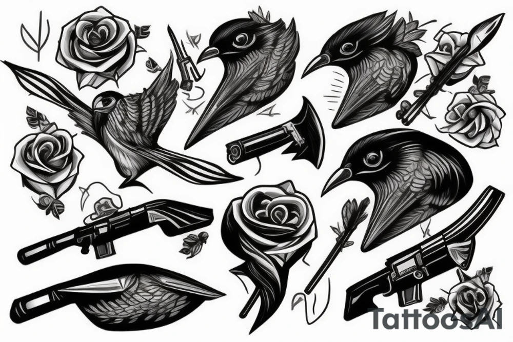 Black shotgun with an arrow and a rose in the beak tattoo idea