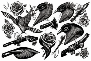 Black shotgun with an arrow and a rose in the beak tattoo idea