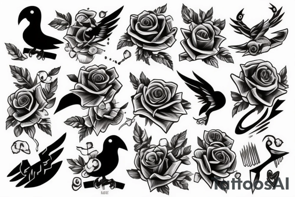 Black shotgun with an arrow and a rose in the beak tattoo idea