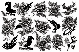 Black shotgun with an arrow and a rose in the beak tattoo idea