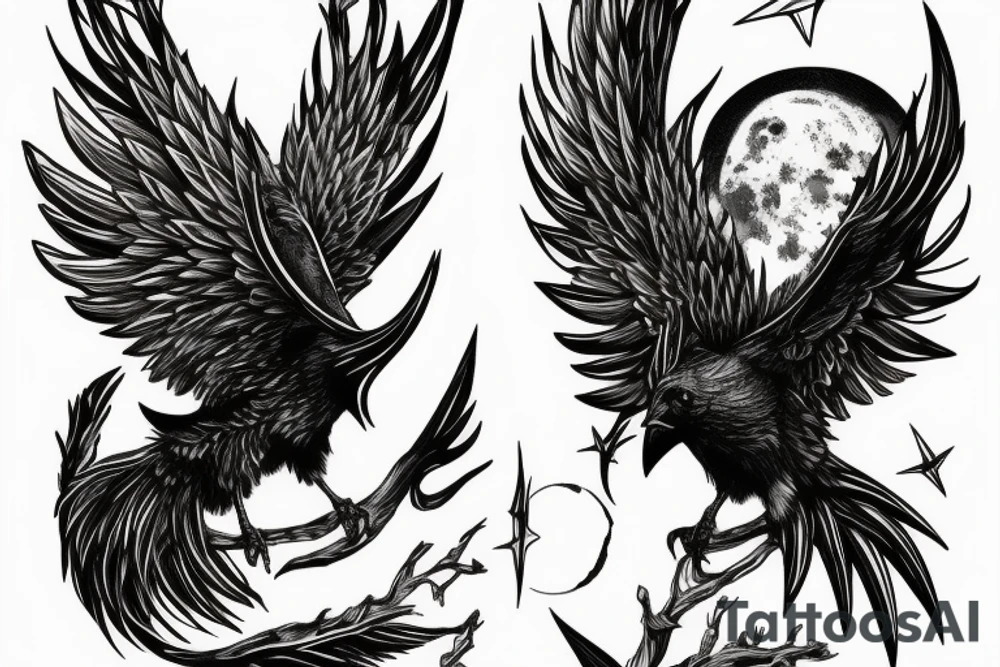 a horned raven sits on a branch against the background of the moon tattoo idea