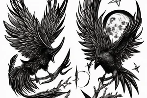 a horned raven sits on a branch against the background of the moon tattoo idea