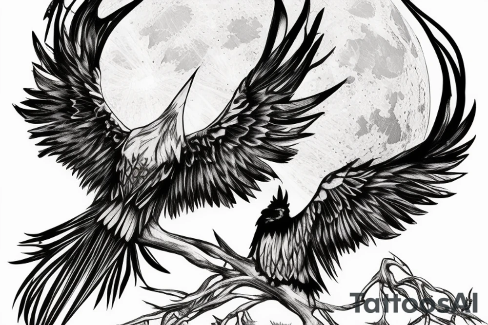 a horned raven sits on a branch against the background of the moon tattoo idea