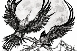 a horned raven sits on a branch against the background of the moon tattoo idea