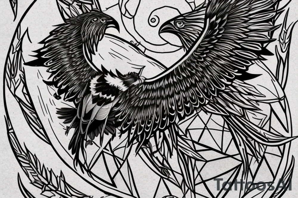 a horned raven sits on a branch against the background of the moon tattoo idea