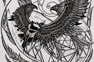 a horned raven sits on a branch against the background of the moon tattoo idea