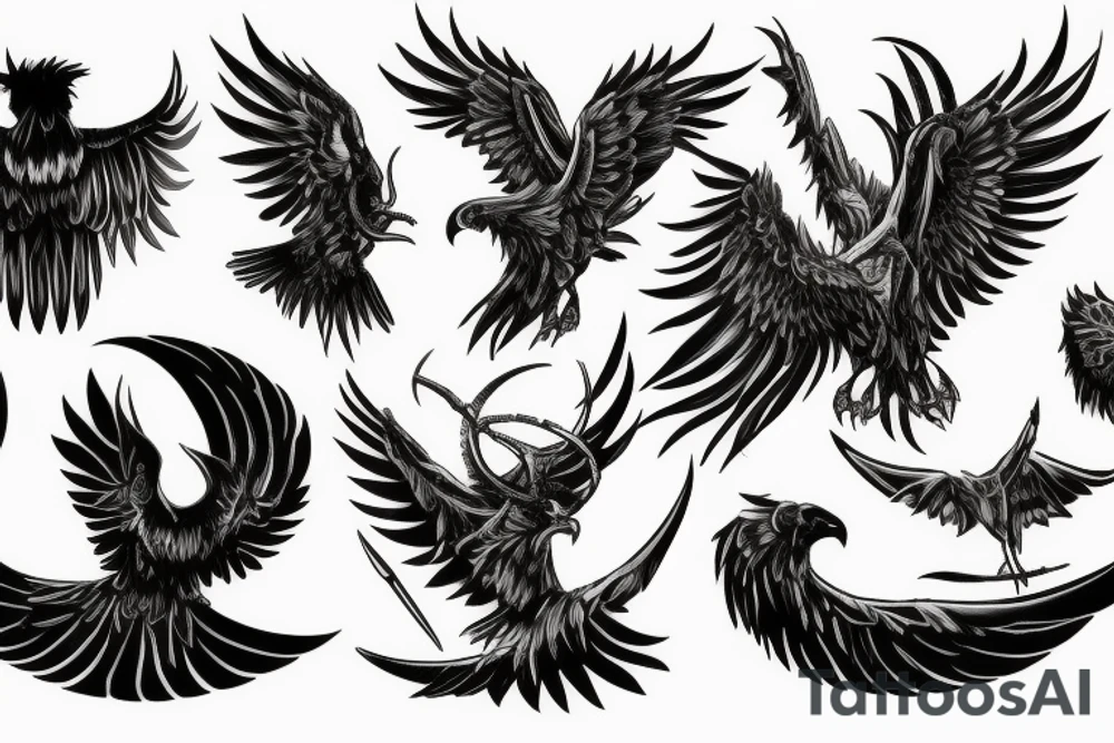 a horned raven sits on a branch against the background of the moon tattoo idea