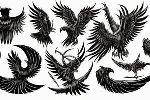 a horned raven sits on a branch against the background of the moon tattoo idea
