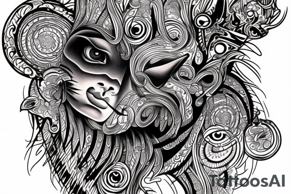 DMT cow with big glossy eyes tattoo idea