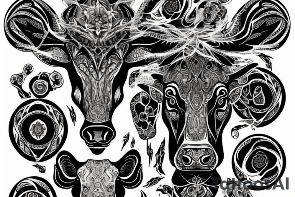 DMT cow with big glossy eyes tattoo idea
