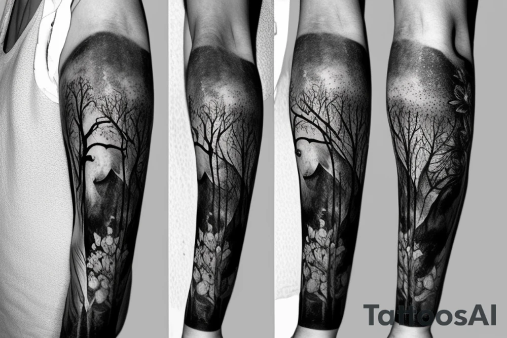 arm sleeve, water falls, trees, elephant, tiger, birds, flowers tattoo idea