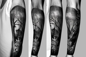arm sleeve, water falls, trees, elephant, tiger, birds, flowers tattoo idea