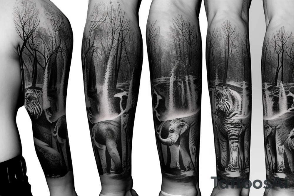 arm sleeve, water falls, trees, elephant, tiger, birds, flowers tattoo idea