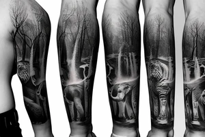 arm sleeve, water falls, trees, elephant, tiger, birds, flowers tattoo idea