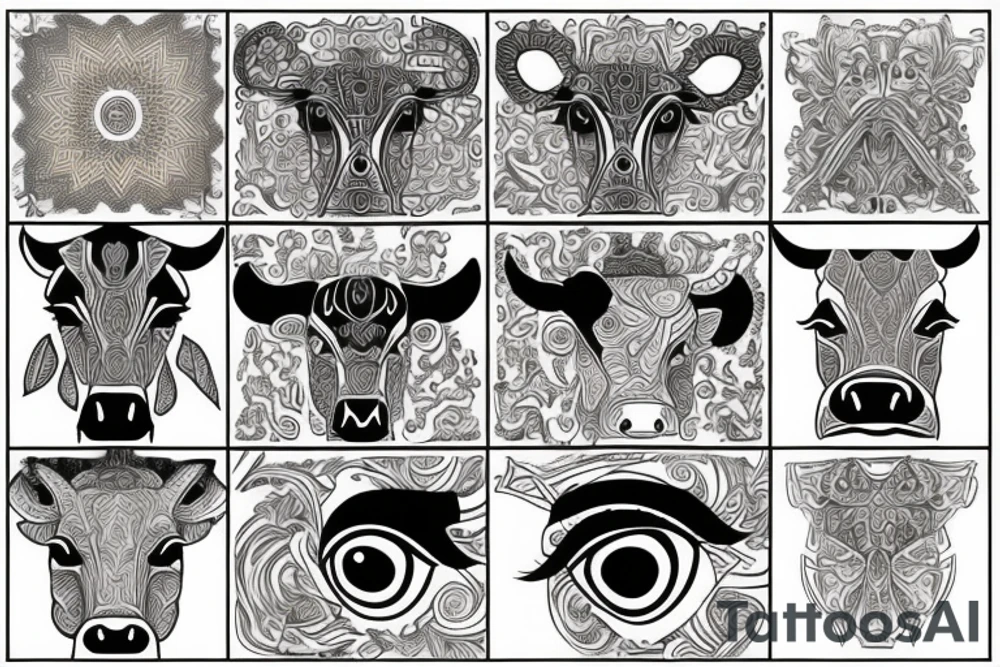 DMT cow with big glossy eyes tattoo idea