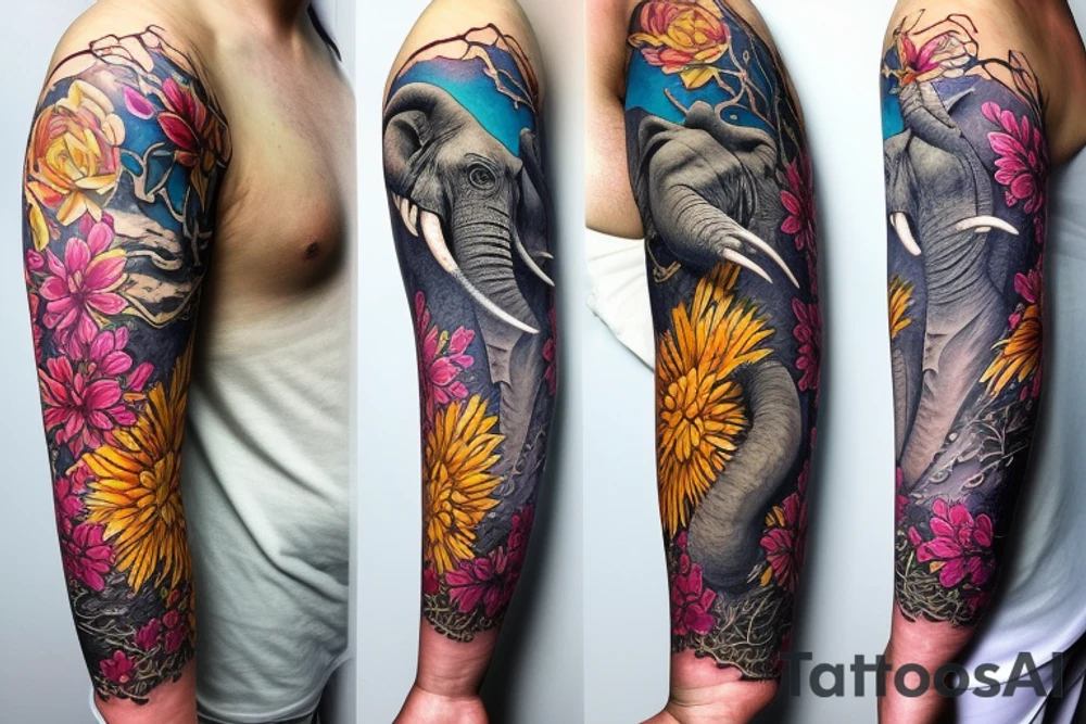 arm sleeve, water falls, trees, elephant, tiger, birds, flowers tattoo idea