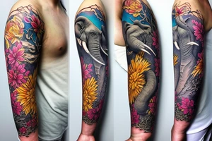 arm sleeve, water falls, trees, elephant, tiger, birds, flowers tattoo idea
