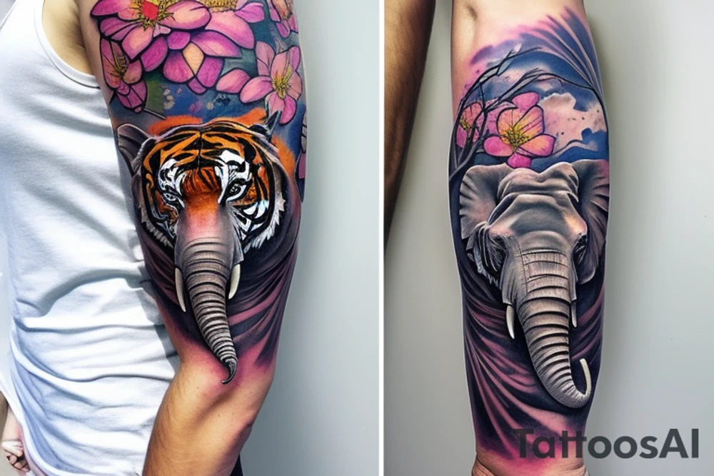 arm sleeve, water falls, trees, elephant, tiger, birds, flowers tattoo idea