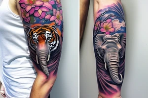 arm sleeve, water falls, trees, elephant, tiger, birds, flowers tattoo idea