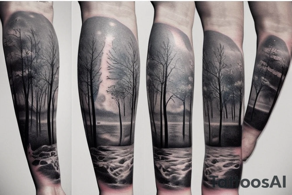 arm sleeve, water falls, trees, birds, flowers tattoo idea
