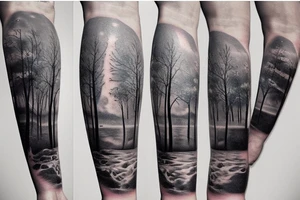 arm sleeve, water falls, trees, birds, flowers tattoo idea
