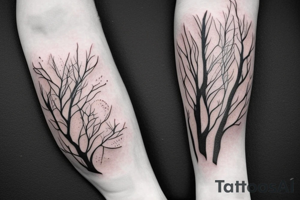 arm sleeve, water falls, trees, birds, flowers tattoo idea