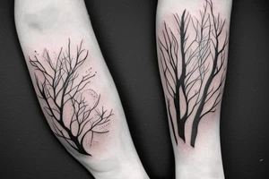 arm sleeve, water falls, trees, birds, flowers tattoo idea