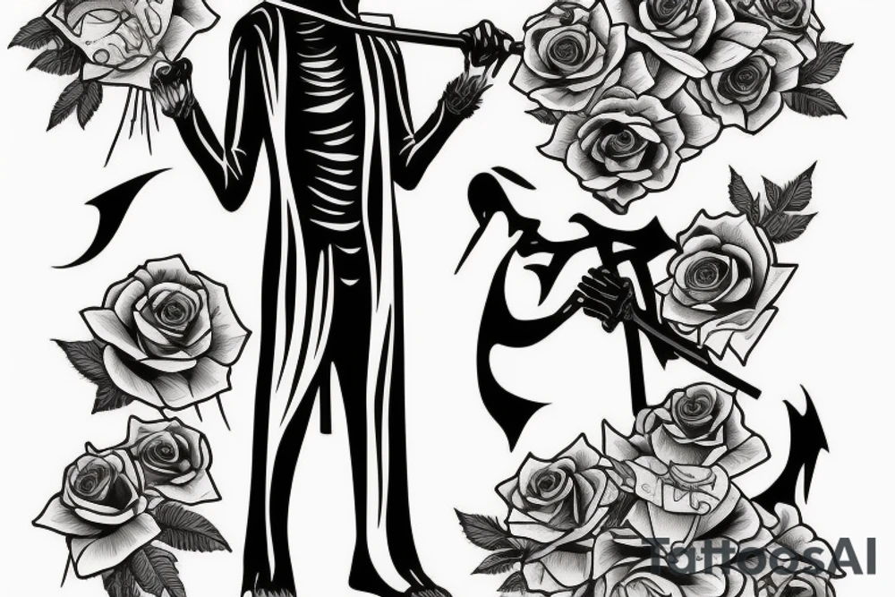 Grim reaper welcoming to the afterlife with some flowers and a sunset tattoo idea