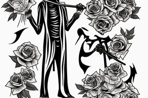 Grim reaper welcoming to the afterlife with some flowers and a sunset tattoo idea