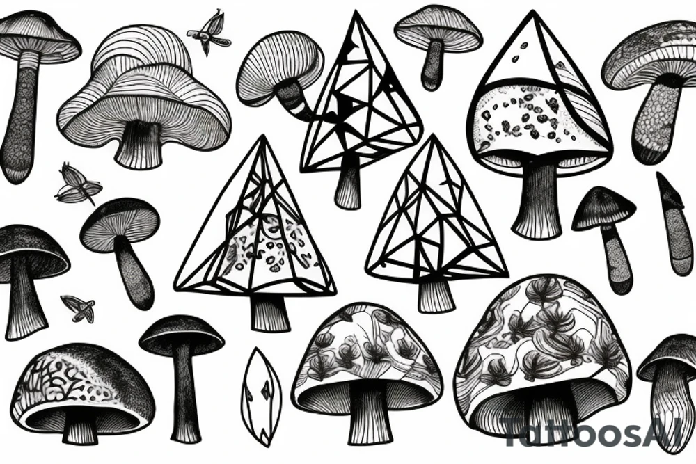 Geometric mushroom and moths, botanical scene tattoo idea Geometric mushroom and moths, botanical scene tattoo idea