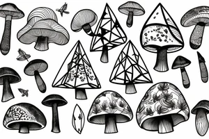 Geometric mushroom and moths, botanical scene tattoo idea