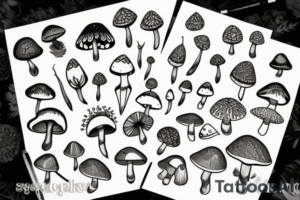 Geometric mushroom and moths, botanical scene tattoo idea