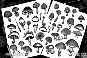 Geometric mushroom and moths, botanical scene tattoo idea