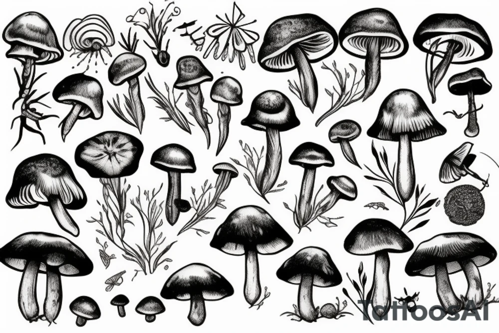 mushroom and moths, cottage core botanical scene tattoo idea mushroom and moths, cottage core botanical scene tattoo idea