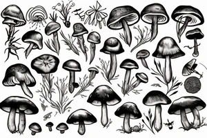 mushroom and moths, cottage core botanical scene tattoo idea