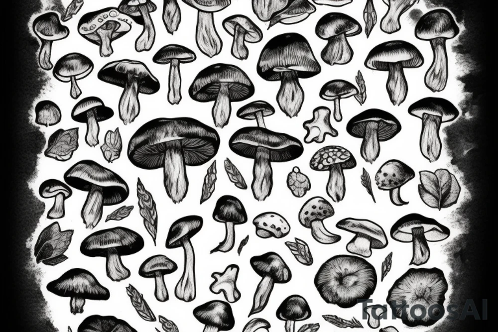 mushroom and moths, cottage core botanical scene tattoo idea mushroom and moths, cottage core botanical scene tattoo idea